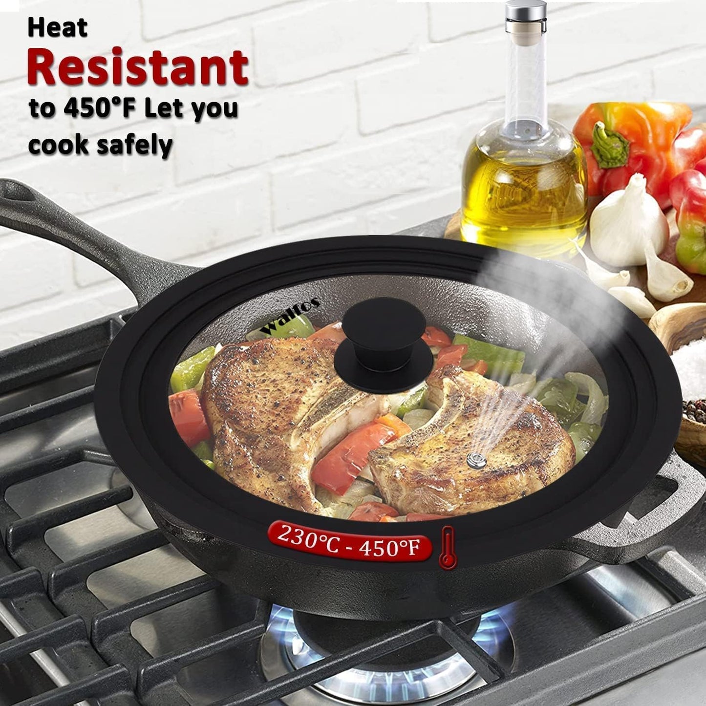 Universal Lid for Pots, Pans and Skillets Fits 10.5", 11.5" and 12" Diameter Cookware - Walfos Tempered Glass Pan Lid with Heat Resistant Silicone Rim, BPA Free Large Pot Lids, Dishwasher-Safe, Black