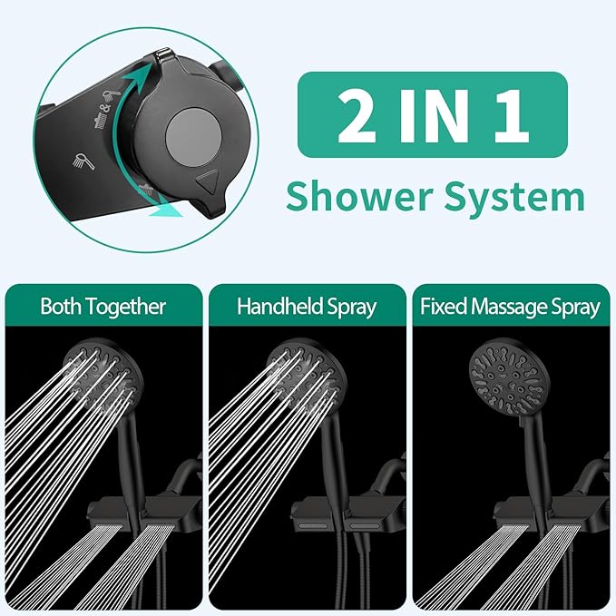 Filtered Shower Head with Handheld Combo, Hard Water Filter Shower Head with 9 Shower Modes, Dual Shower Heads High Pressure, Shower Filters to Remove Chlorine and Fluoride (Matte Black)