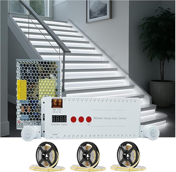 Motion Triggered LED Stair Lights Indoor, 40" Cuttable Motion Sensor COB LED Strip Light Kit with 9 Modes Ideal for Indoor Step Lights(Cool White 6000K, 12 Stairs)