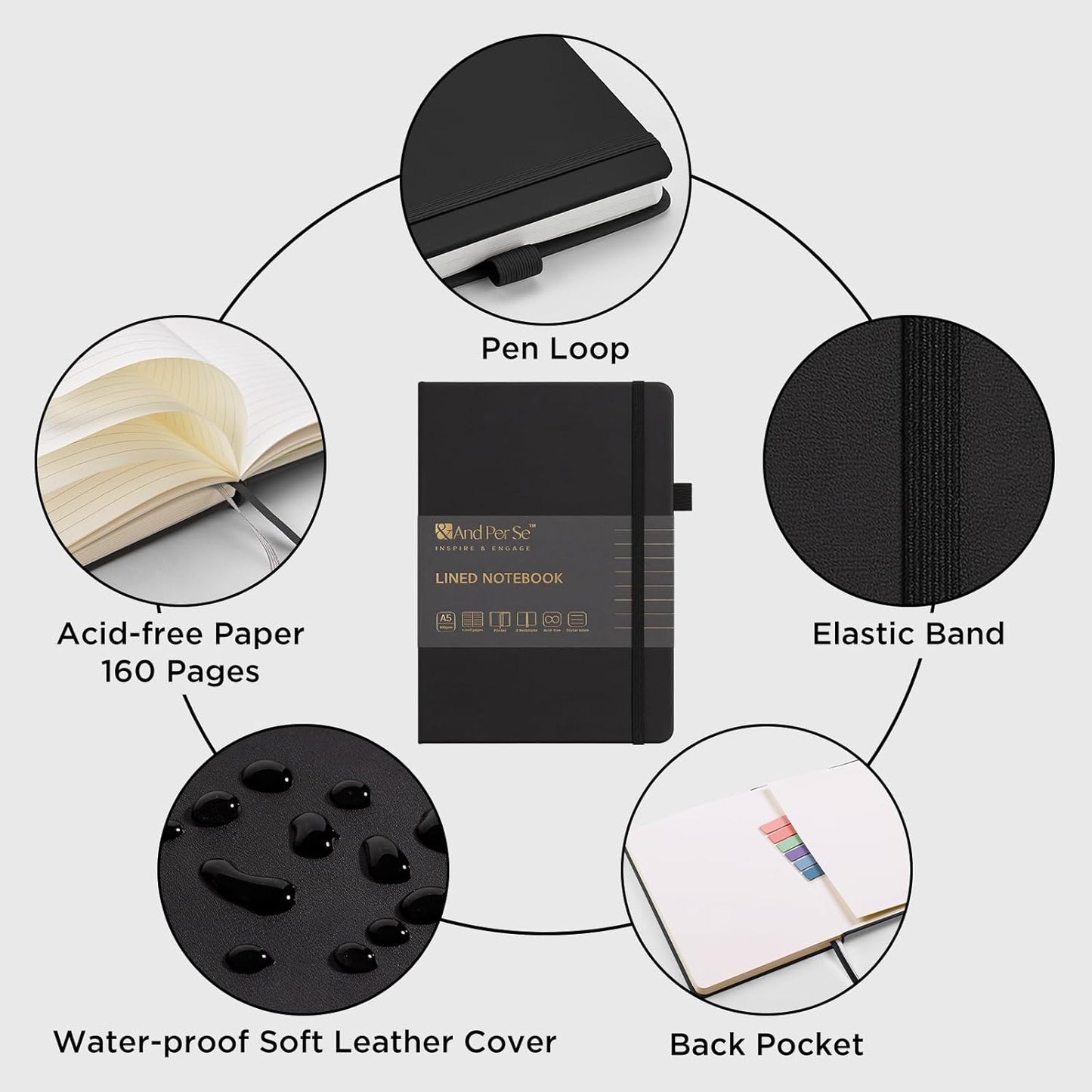 &And Per Se Lined Journal Notebook (10 Packs), 160 Pages, A5 5.7 x 8 inches College Ruled Thick Paper Notebook Journals for Writing, Hardcover Notebooks for Women Men Office School (Black)
