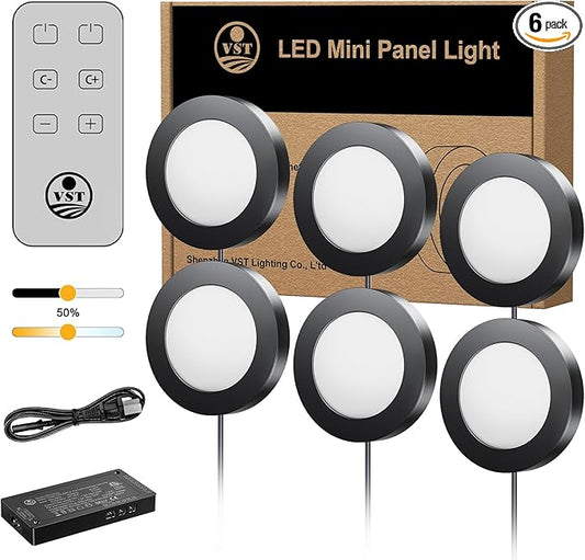VST Under Cabinet Lights CCT 3000K-6500K, LED Puck Light Color Temperature and Brightness Adjustable with Touch Remote Dimmer and ETL-Listed Led Driver for Drawer Wardrobe Kitchen