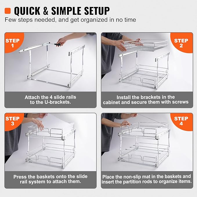 VEVOR Pull Out Cabinet Organizer, 14"Wx21"D Heavy 2 Tier Duty Slide Out Pantry Shelves, Chrome-Plated Steel Roll Out Drawer for Under Sink, 15.5"Wx22"D Install Size for Cabinet