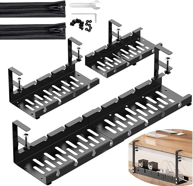 Extendable Under Desk Cable Management Tray | No Drill Adjustable Height Standing Desk Wire Organizer with Screw Mount Clamp & 2 Pcs Cable Sleeves | Under Table Cord Management with Tools, Accessories