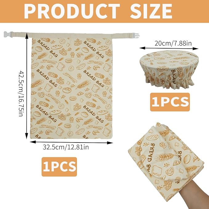 Beeswax Bread Bag and Multi - Use Wrap Set, Reusable Linen - Cotton Beeswax Wraps for Sourdough Storage & Food Packaging, 17×13IN Bag & 10IN Cover