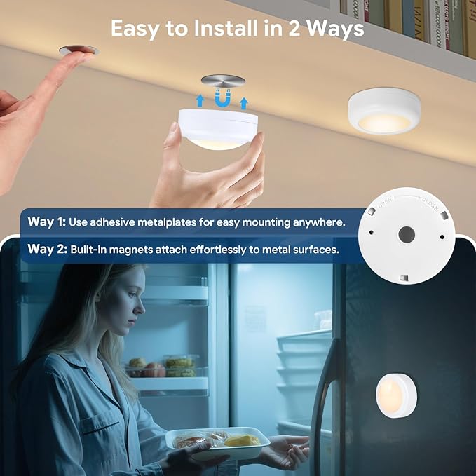 Yiliaw LED Puck Lights with Remote Control, AA Battery Operated, 12 Color Closet Under Cabinet Lighting, Push Tap Light, Under Counter for Kitchen, 6 Pack, White-Magnetic