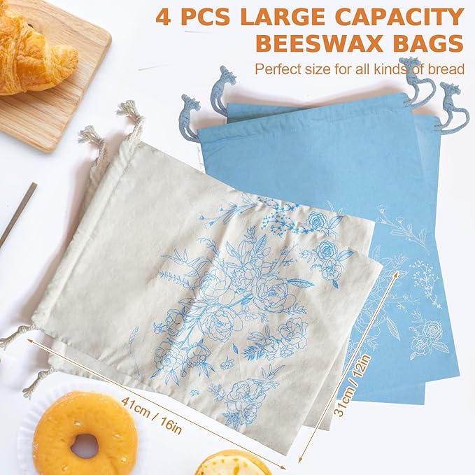 4 Pack Sourdough Bread Bags with Foodgrade TPU Lining, Linen Bread Bags for Homemade Breads, 16x12" Reusable Canvas Breads Bag with Drawstring Natural Large Storage for Fresh Keeping Loaf