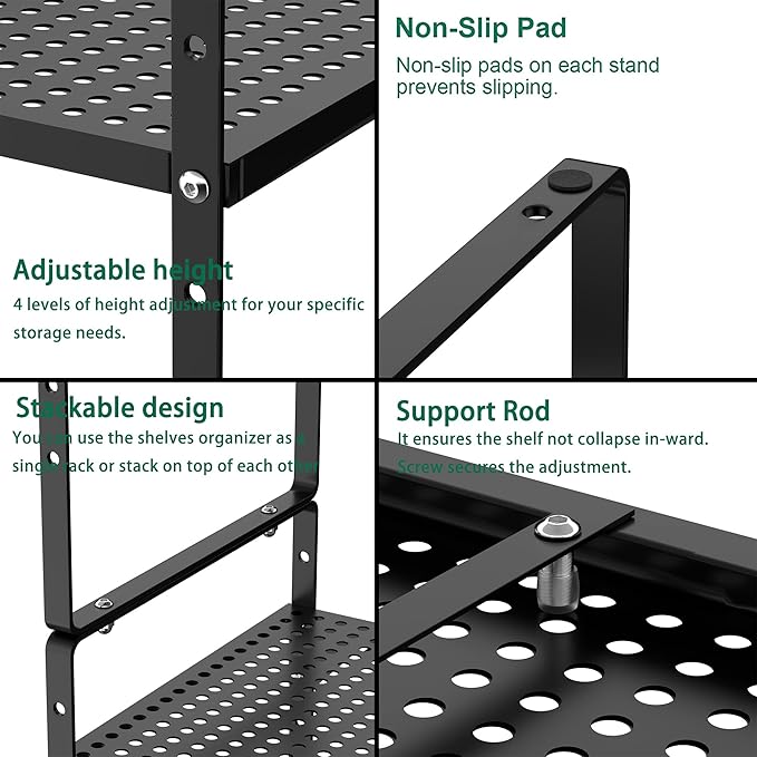 Redrubbit Large Expandable Cabinet Storage Shelf, Adjustable Height Steel Metal Kitchen Counter Organizers Shelves Spice Rack for Kitchen Pantry Bathroom Cupboard Desk Home Office, Black-3 Pack
