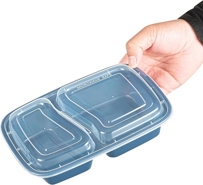 Restaurantware-Asporto 26 Ounce Compartment Take Out Boxes, 100 Microwavable Meal Prep Containers - 2 Compartments, With Clear Plastic Lids, Midnight Blue Plastic Food Containers, Do Not Contain BPA