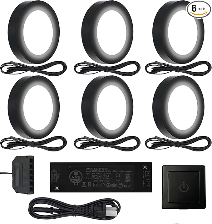 VST Under Cabinet Lighting Plug in with Wired Touch Dimmer Switch,Recessed or Surface Mount,Natural White 4000K 12V 2W/pc, 6 Pack