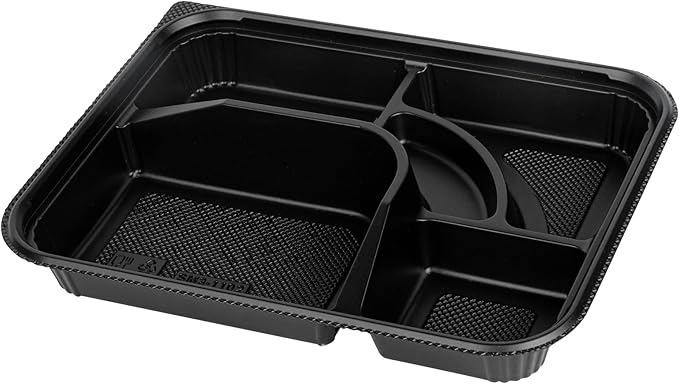 Restaurantware-Bento Tek 26.2 Ounce Meal Prep Containers, 100 Disposable To Go Food Boxes - Lids Sold Separately, 5 Compartments, Black Plastic Bento Lunch Boxes, Microwavable, Freezable