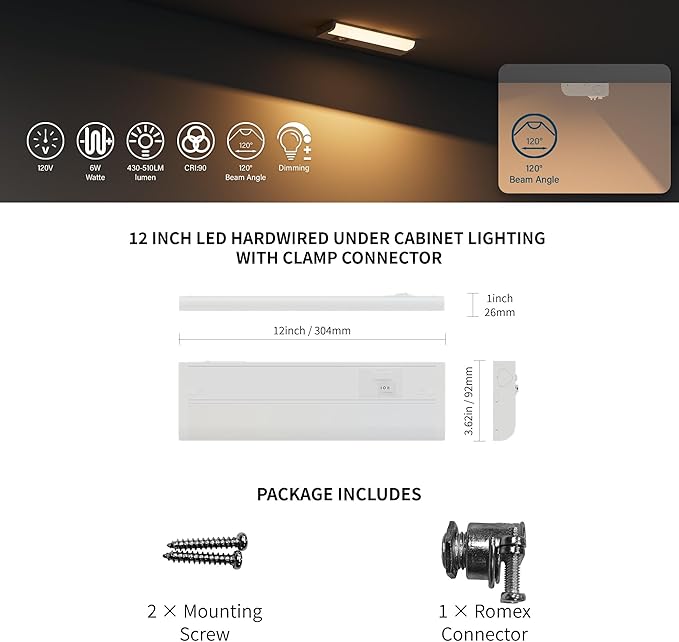 ZAGO 12 Inch LED Hardwired Under Cabinet Lighting with Clamp Connector, 5CCT Switchable, Undercounter Led Lights for Kitchen, 120V, 6W, 430-510LM, ETL & Damp Rated, White, 4 Packs