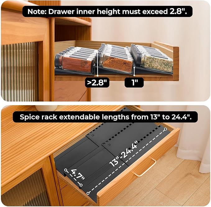 Spice Drawer Organizer, 5 Tier- 5 Pack Drawer Seasoning Organizer Expandable from 13" to 24.4", Spice Rack for Kitchen Drawers, Spice Organization Insert Tray for Drawer (Jars not included)