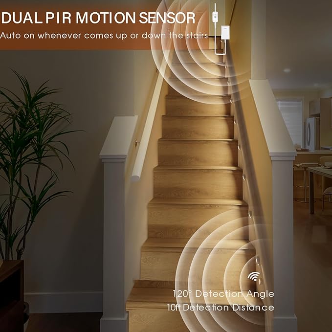 Upgraded Smart Stair Lights Motion Sensor Indoor, Plug-In Stairway Lights Indoor Hallway Baseboard Lighting with Cascading Effect, Dimmable, 3000K-6000K (12 Stairs)