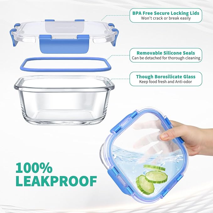 34pcs Glass Food Storage Containers with Lids Set, Airtight Glass Meal Prep Containers (17 Containers & 17 Lids), Leak Proof Lunch Containers BPA-Free, Microwave, Oven, Freezer, Dishwasher Safe-Blue