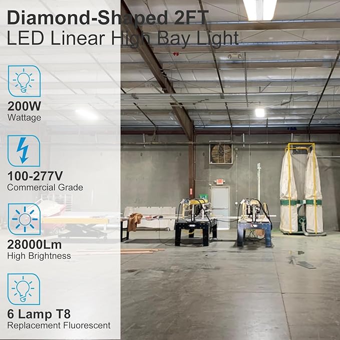 Lightdot 2FT LED High Bay Shop Lights, 100-277V 【Driver Equipped, 5 Years】 200W 28000LM [Eqv. 800W MH/HPS] 5000K Diamond Diffusion Linear Hanging Light for Warehouse -ETL Listed, 6Pack