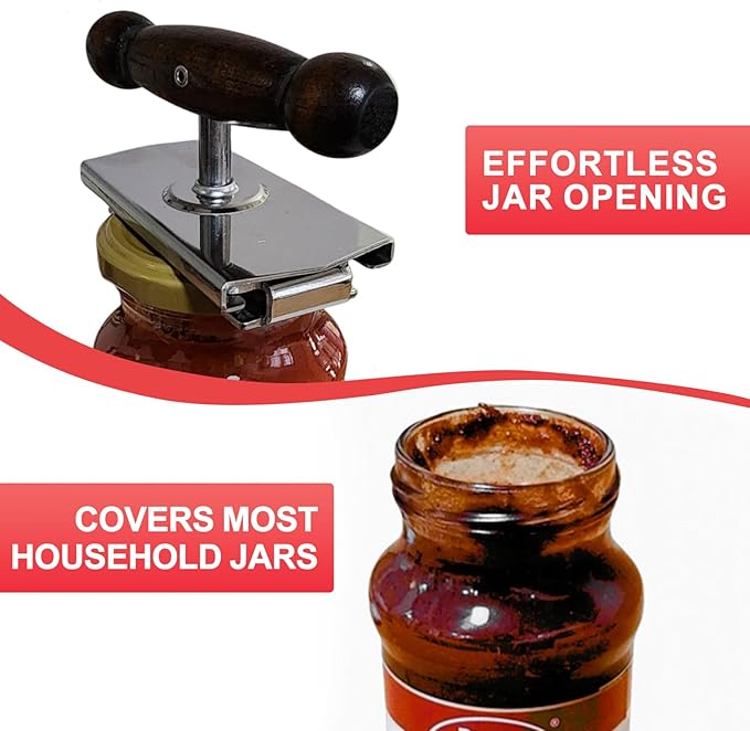 Oak Wood Handle Jar Opener - Stainless Steel Adjustable Lid Opener for Weak Hands, Seniors, Arthritis and Limited Grip – Fits 1.5"–4" Jar Lids