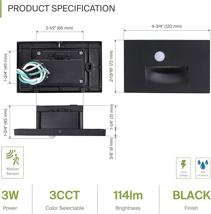 ASD LED Recessed Step Light Fixture, Outdoor & Indoor Stair Tread Lighting | 3CCT, Motion Sensor, Waterproof, ETL Listed | 3W 120LM 3000K-5000K 120V | Staircase Hardwired Illumination | Black, 4 Pack