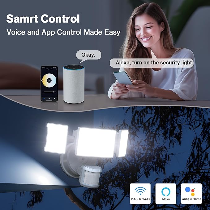 Olafus 65W Smart LED Flood Light Outdoor with Motion Sensor, 6500LM, 2700K-6500K WiFi Security Light Work with Alexa/Google, Motion Detector Lights with APP Control, IP65 Floodlight Outside (White)