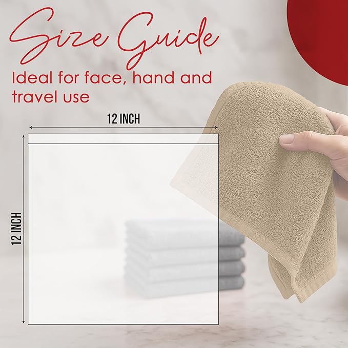 RIVERSIDE 24 Pack Washcloths Set - 100% Cotton [12x12 Inches] - Soft, Quick-Dry & Highly Absorbent Face Towels - Perfect for Bathroom, Gym, Hotel, Spa & Travel - Tan