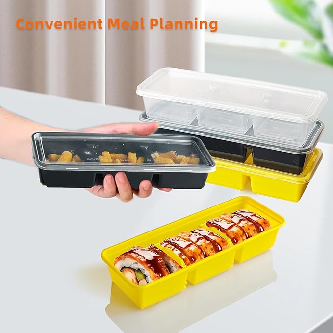 Disposable Food Storage Containers with Lids Meal Prep 3-Compartment To Go Take Out Plastic Black, Sturdy Leakproof Food Safe, Microwave Freezer Dishwasher Safe (50, 3 compartment)