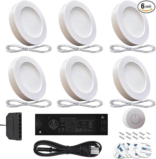 VST Under Cabinet Lighting 12V 2W(12W Total, 60W Equivalent), with Wireless Dimmer Switch, Recessed or Surface Mount Puck Light for Kitchen,Wardrobe,Pantry,Decor, 6 Pack White 4000K…