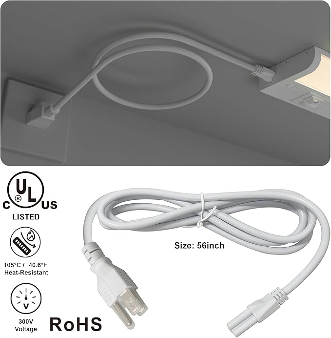 ZAGO 59 Inch LED Hardwired Under Cabinet Lighting Plug, 300V, Rated Temperature Resistance 105°C, ROHS & UL, White, 2 Packs