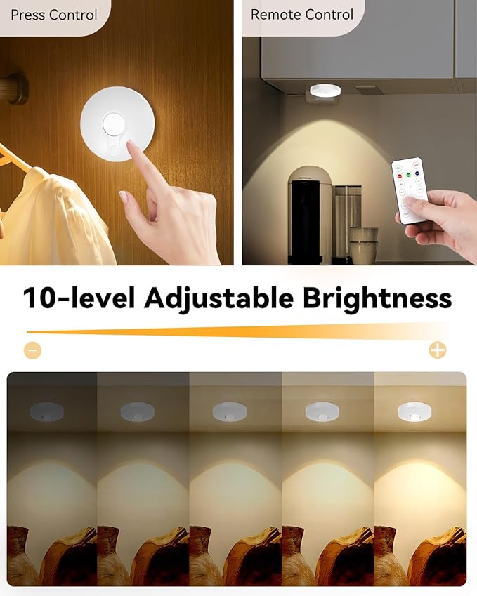Rechargeable RGB Puck Lights with Remote Control, 1500mAh Battery Operated Push Lights, Dimmable & Timer Under Cabinet Lighting for Closet, Bedroom, Kitchen White 12Pcs