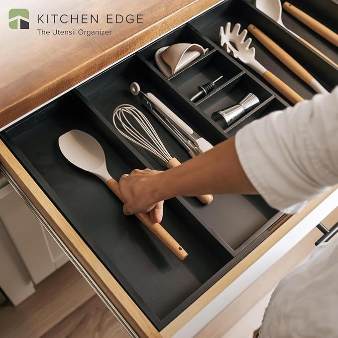 Adjustable Kitchen Drawer Organizer for Utensils and Junk, Food-Safe Contract Grade with 100% Sustainable Wood, Expandable from 19 to 33 Inches Wide - Black Bamboo
