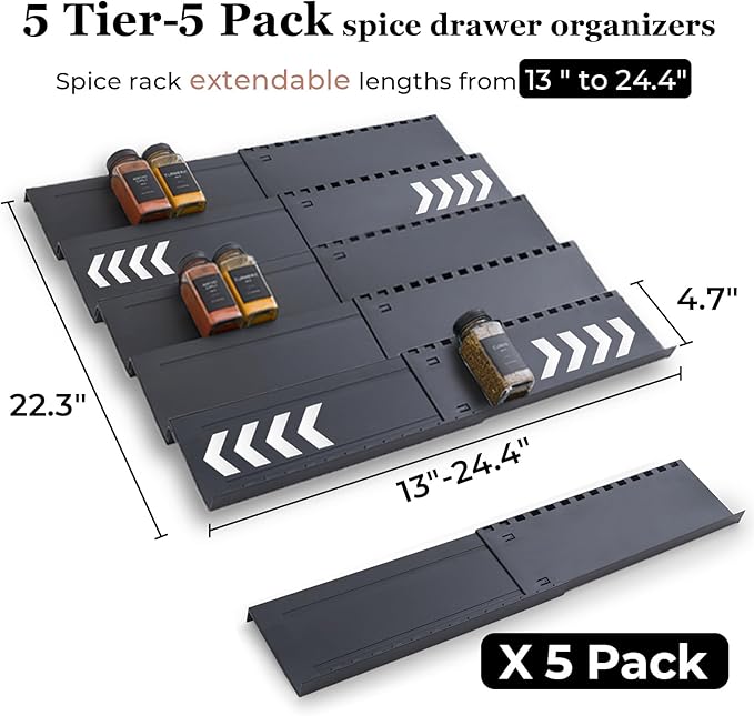 Spice Drawer Organizer, 5 Tier- 5 Pack Drawer Seasoning Organizer Expandable from 13" to 24.4", Spice Rack for Kitchen Drawers, Spice Organization Insert Tray for Drawer (Jars not included)