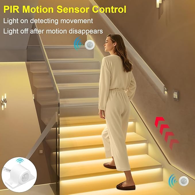 Motion Sensor LED Stair Light Kit, Multiple Working Mode Step Lights Including 3.28ft Cuttable COB LED Strips Indoor (20Stairs,3000K)