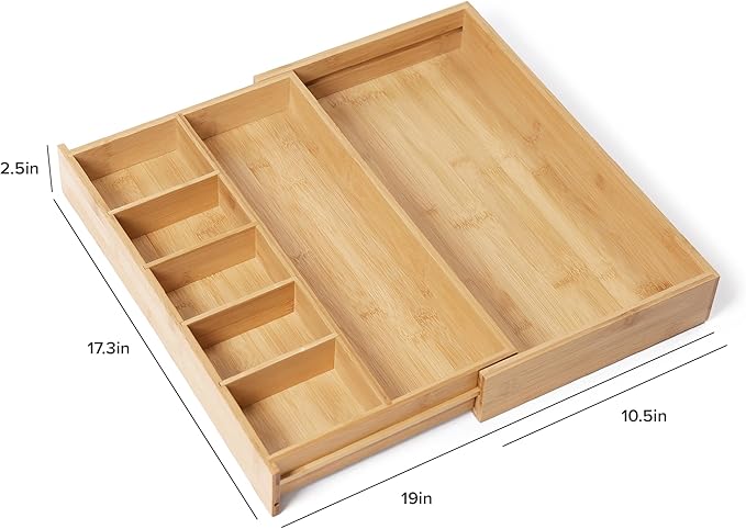 Adjustable Kitchen Drawer Organizer for Utensils and Junk, Food-Safe Contract Grade with 100% Sustainable Wood, Expandable from 10.5 to 19 Inches Wide - Natural Bamboo