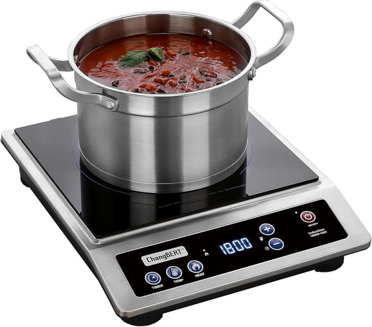 ChangBERT Induction Cooktop, Commercial Grade Portable Cooker, Large 8” Heating Coil, Premium Stainless Steel Countertop Burner with NSF Certified, 10 Hours Timer Powerful 1800W Professional Hot Plate