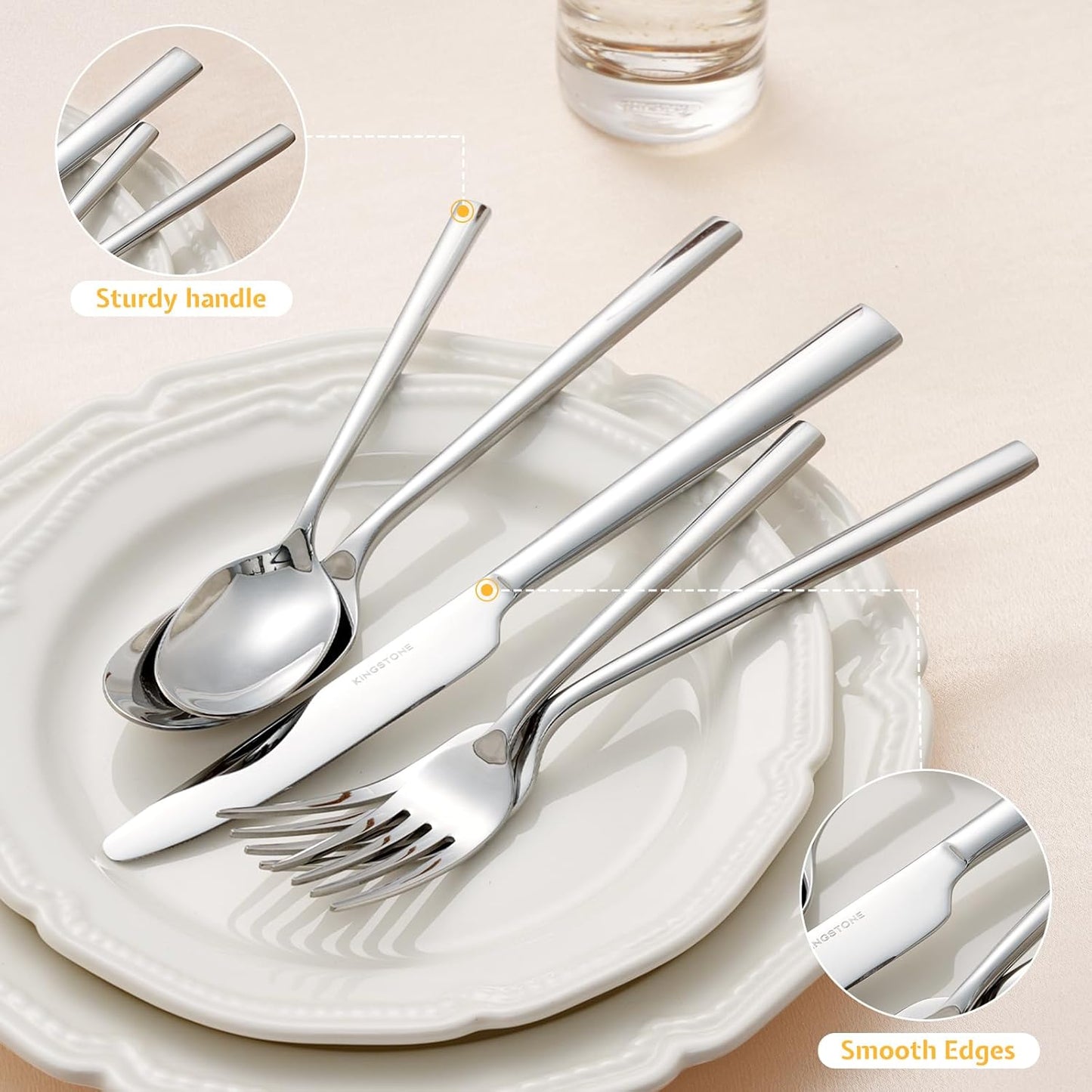 KINGSTONE Silverware Set, 60-Piece Forged Flatware Set Cutlery Set Premium Stainless Steel, Service for 12, for Kitchen, Home, Wedding, Party, Mirror Polished and Dishwasher Safe