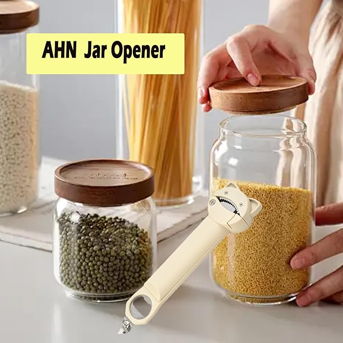 AHN Magnetic Bottle Opener & Jar Opener - Multi-Function Gripper for Tight Lids Cans Twist-Off Caps with Strong Suction Base Kitchen Gadgets, Gift for Elderly/Rheumatoid Arthritis (Off-White)