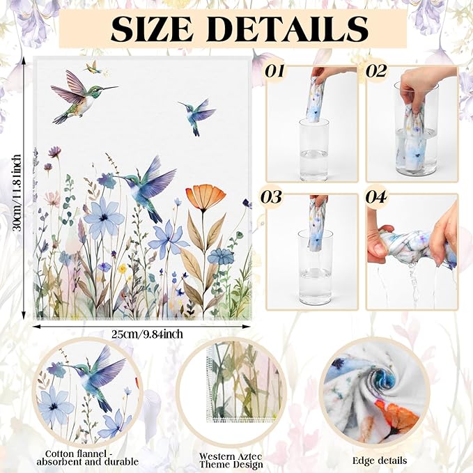 36 Count Reusable Cleaning Cloths Washable Cotton Kitchen Towels for Home (Hummingbird Flowers,Multicolor)