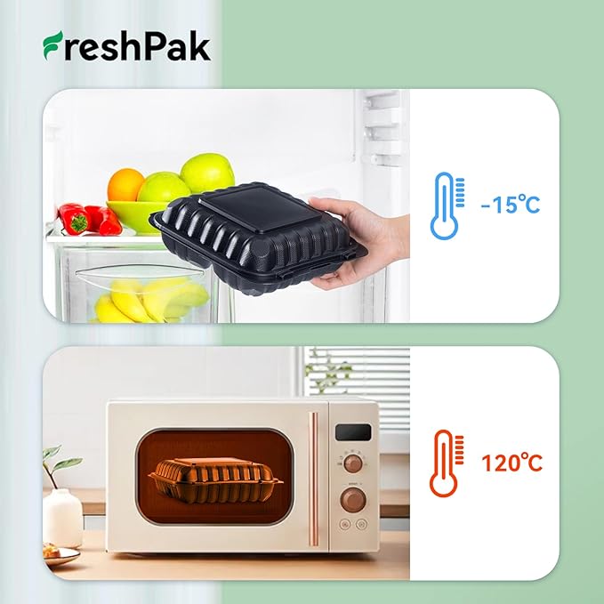 FRESHPAK Food Containers Mineral Filled PP 55 Pack - 8x8 34 oz Shrink Wrap BPA Free Plastic | Stackable Storage Clamshell Takeout Container | Reusable Microwave Safe | 3 Compartment Black Lunch Boxes