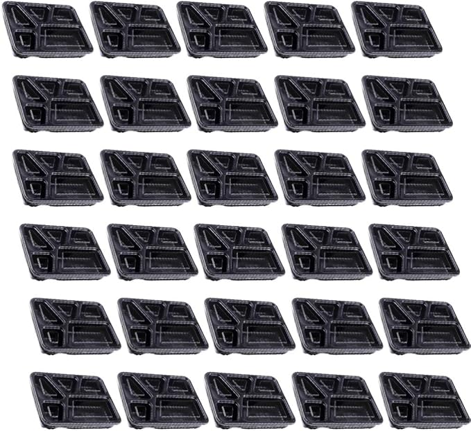 Hemoton 30pcs Disposable Bento Box 5 Compartment Meal Prep Container with Lid Microwave Heating Food Box for Home Restaurant (Black)