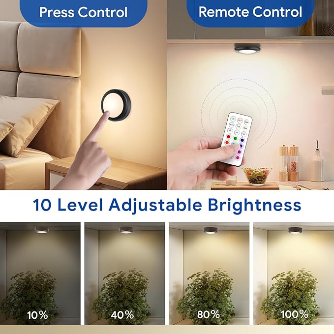 Yiliaw LED Puck Lights with Remote Control, AA Battery Operated Lights, 12 Color Closet Light Under Cabinet Counter Lighting, Push Light, Tap Light for Kitchen, 9 Pack, Black