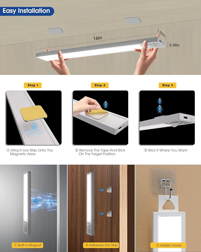 16 Inch Under Cabinet Lighting, 3Pack 5CCT Dimmable Closet Lights, Motion Sensor LED Lights of Battery Operated, Rechargeable Under Counter Light for Kitchen, Stairs, Bedroom, Wardrobe