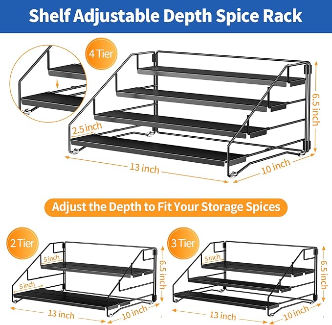 4 Tier Spice Rack for Cabinet, Spice Rack Organizer, Depth Adjustable Spice Holder for Countertop, Cupboard, Pantry, Seasoning Shelf, Metal, Black (1 Pack)