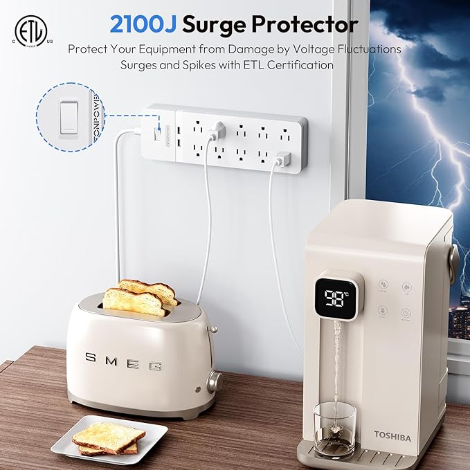 25 Ft Extension Cord ETL, NTONPOWER 2100J Surge Protector Power Strip with 10 AC Spaced Outlets 2 USB Ports, 1875W/15A Overload Protection, Wall Mountable for Indoor, Home, Office or Garage, White