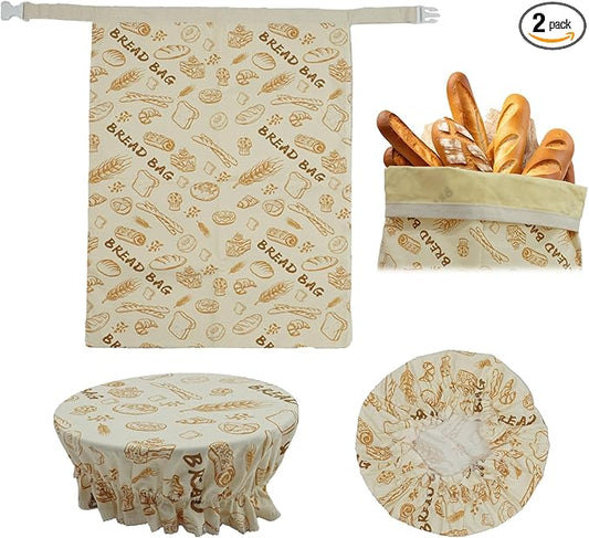 Beeswax Bread Bag and Multi - Use Wrap Set, Reusable Linen - Cotton Beeswax Wraps for Sourdough Storage & Food Packaging, 17×13IN Bag & 10IN Cover