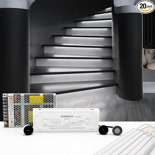 Motion-Activated Cascading Effect LED Stair Lighting Kit KMG-3233, 23.6" Aluminum Light Bar for Indoor Staircases (Cool White 6000K, 20 Stairs)