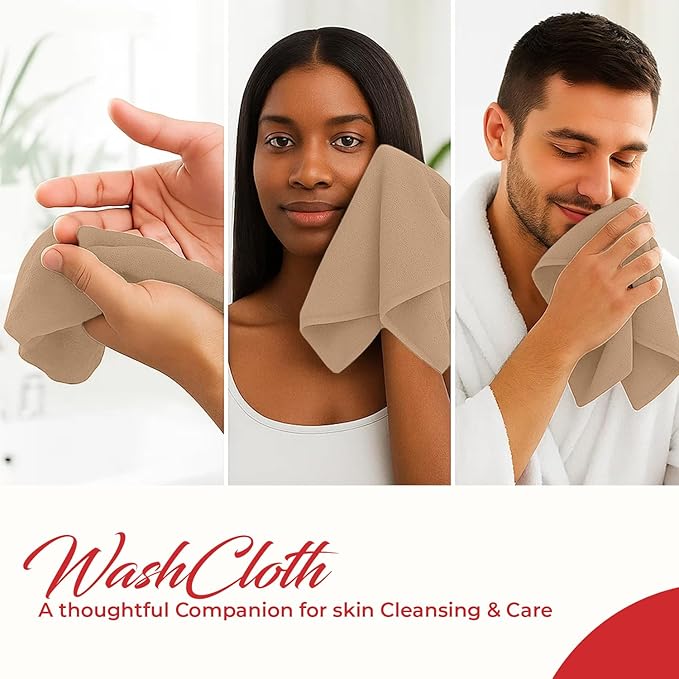RIVERSIDE 24 Pack Washcloths Set - 100% Cotton [12x12 Inches] - Soft, Quick-Dry & Highly Absorbent Face Towels - Perfect for Bathroom, Gym, Hotel, Spa & Travel - Tan