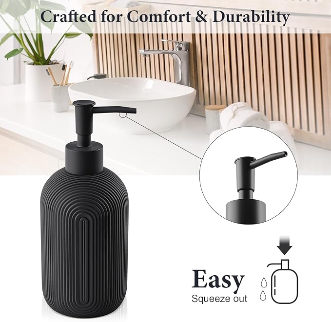 Bathroom Accessories Set - 7-Piece Resin Bathroom Set, Toothbrush Holders Set, Soap Dispenser, Qtip Holder Dispenser, Tumbler, Soap Dish & Tray, Modern Bath Decor for Home Dorm Hotel (Black)