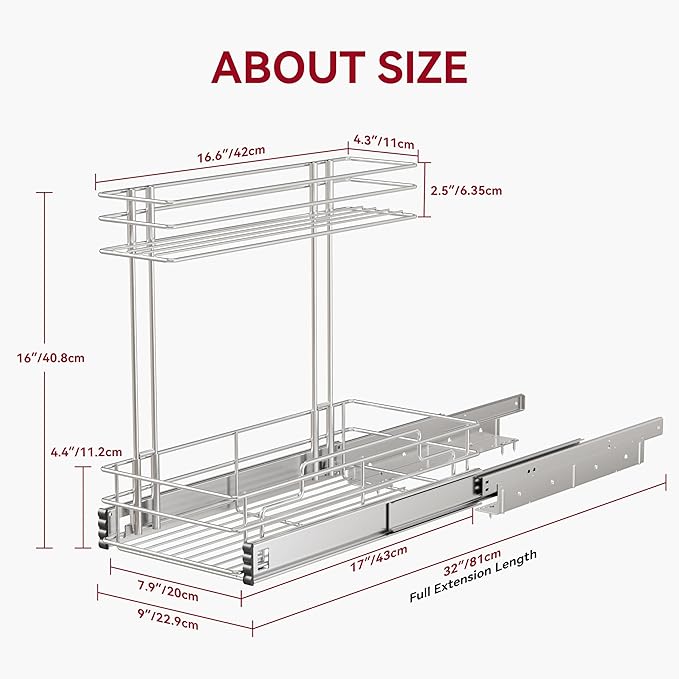 Under Sink Organizer 9"W X17"D, Pull Out Cabinet Organizer 2 Tier, Under Sink Slide Out Chrome Plated, Under Kitchen Bathroom Sink Organizer, Pantry Cabinet Closet Organization Rack, 2 Pack