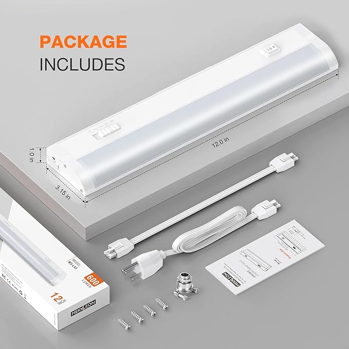 12inch Linkable Under Cabinet Lighting Hardwired Plug-in, Wired led Under Cabinet Lights with 5 CCT (2700/3000/3500/4000/5000) & Dimmable, Under Counter Lights for Kitchen, 6W, 600LM, 1 Pack