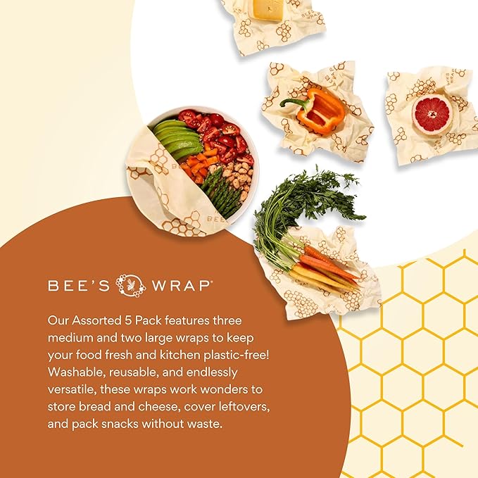 Bee's Wrap Beeswax Wraps for Food - Honeycomb 5 Pack (2L, 3M) Made in USA Reusable & Organic Food Wraps & Bowl Covers - Eco-Friendly Alternative to Aluminum Foil & Plastic Wrap