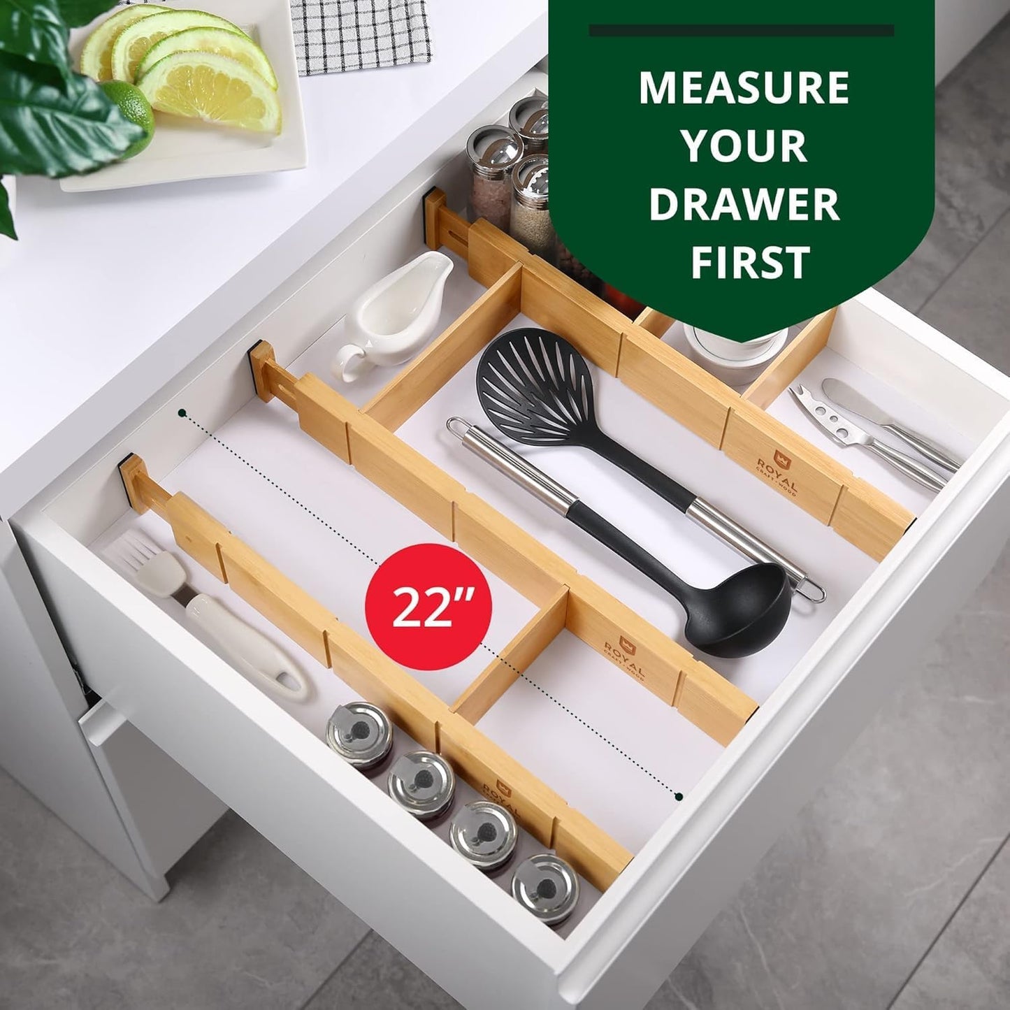 ROYAL CRAFT WOOD Adjustable Bamboo Drawer Dividers Organizers (17-21.5") with Inserts - Expandable Drawer Organization Separators for Kitchen Utensils, Clothes, 4-Pack