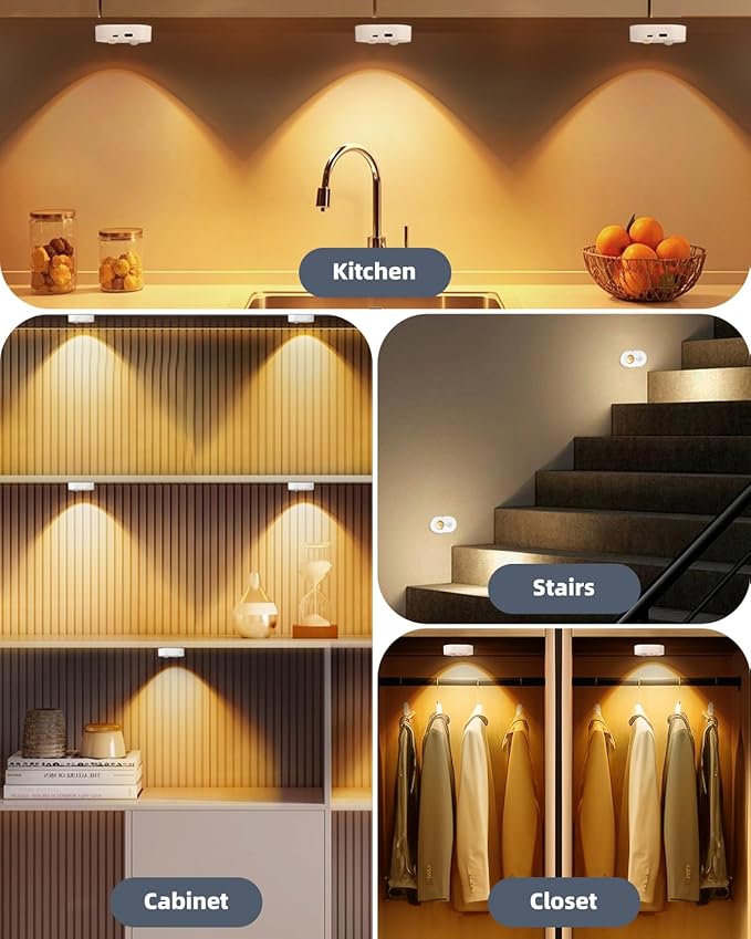 Yiliaw LED Motion Sensor Puck Lights Indoor, Small Rechargeable Under Cabinet Lighting, Dimmable Warm White Closet Lights, Stick on Wireless Night Light for Drawer, Shelf, Kitchen, White (9 Pack)